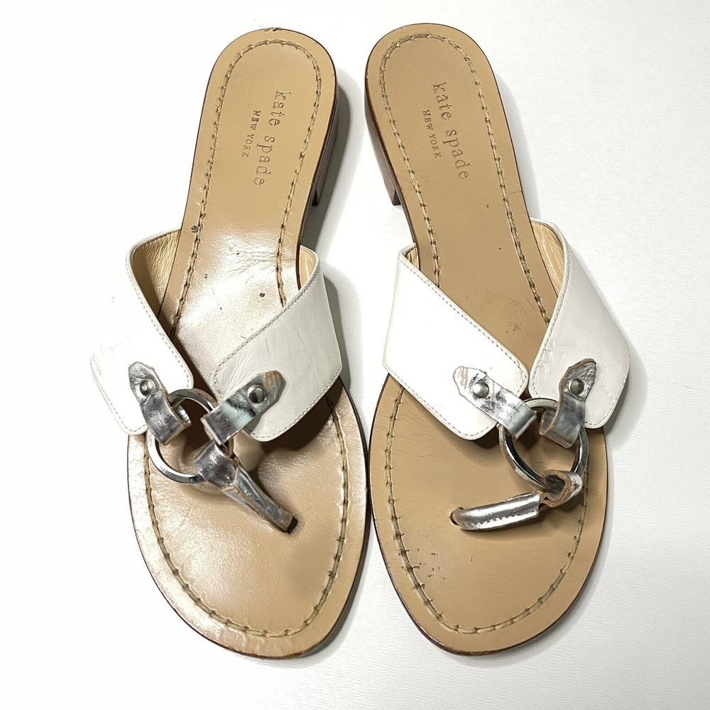 Kate Spade New York Women's Leather Slide Sandals Size 7B White Silver Bit